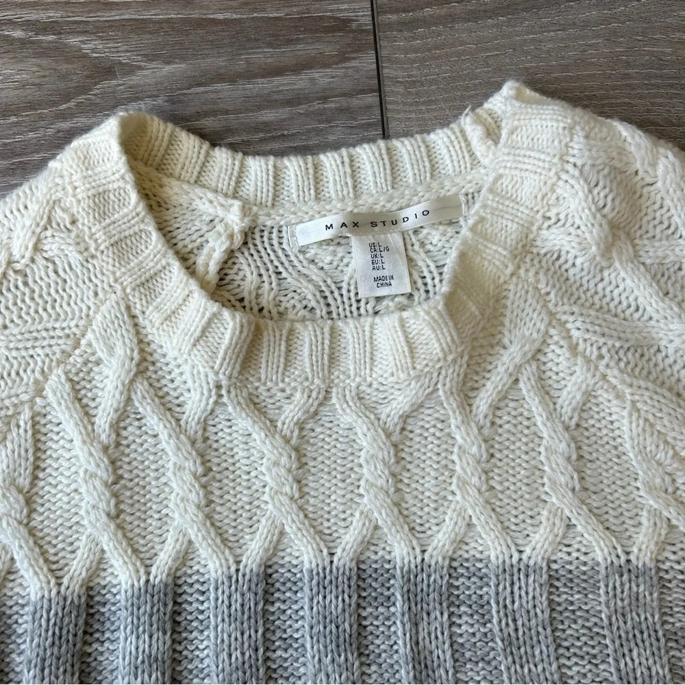 Max Studio Colour  Block Wool Blend Cable Knit Ruffle Sleeve Sweater - Picture 6 of 13